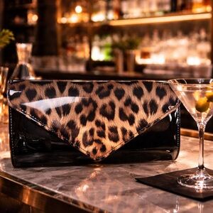 Leopard Print Vegan Patent Envelope Clutch - Black & Tan